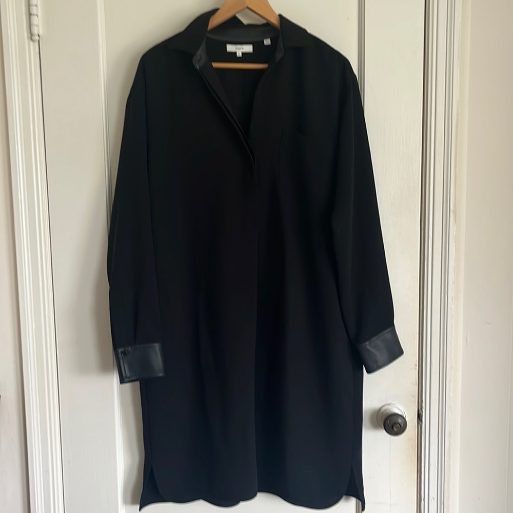 Hip Black Long Sleeve Leather Wrist Collared Vince Dress